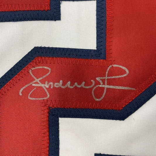 Framed Autographed/Signed Andruw Jones 35x39 Atlanta White Baseball Jersey JSA COA