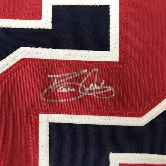 Framed Autographed/Signed David Justice 35x39 Atlanta Blue Baseball Jersey JSA COA