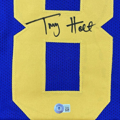 Framed Autographed/Signed Torry Holt 35x39 St. Louis Retro Blue Football Jersey Beckett BAS COA