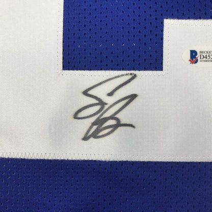 Framed Autographed/Signed Saquon Barkley 35x39 New York Blue Football Jersey Beckett BAS COA