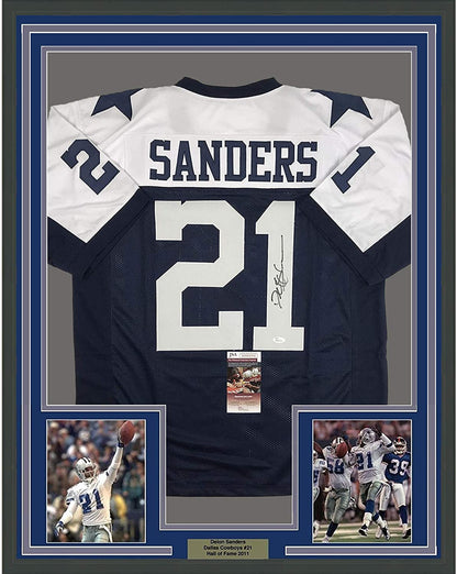 Framed Autographed/Signed Deion Sanders 35x39 Dallas Thanksgiving Day Football Jersey JSA COA