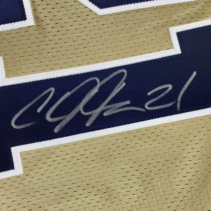 Framed Autographed/Signed Calvin Johnson 35x39 Georgia Tech Gold College Football Jersey Beckett BAS COA