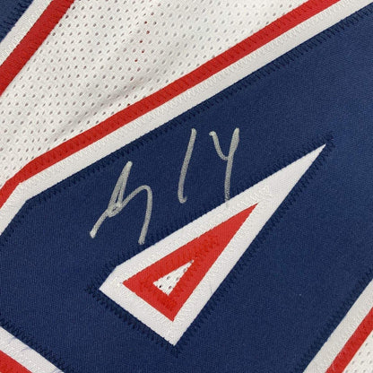 Framed Autographed/Signed Mohamed Sanu 35x39 New England White Football Jersey JSA COA