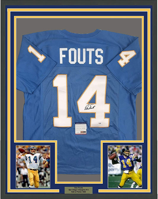 Framed Autographed/Signed Dan Fouts 35x39 San Diego Powder Blue Football Jersey PSA/DNA COA