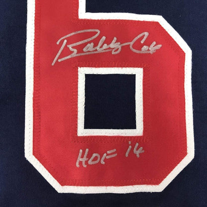 Framed Autographed/Signed Bobby Cox HOF 14 35x39 Atlanta Blue Baseball Jersey JSA COA