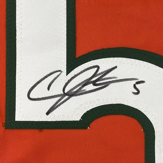 Framed Autographed/Signed Andre Johnson Miami Orange 35x39 College Football Jersey JSA COA