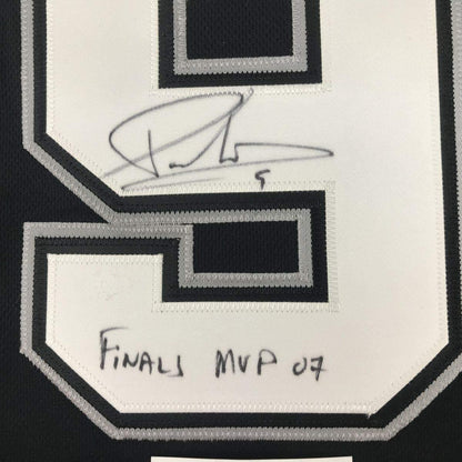 Framed Autographed/Signed Tony Parker Finals MVP 07 35x39 San Antonio Black Basketball Jersey JSA COA