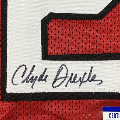 Framed Autographed/Signed Clyde Drexler 35x39 Portland Red Basketball Jersey PSA/DNA COA
