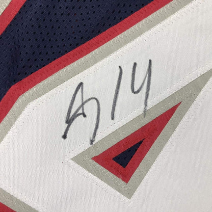 Framed Autographed/Signed Mohamed Sanu 35x39 New England Blue Football Jersey JSA COA