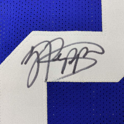 Framed Autographed/Signed Jabrill Peppers 35x39 New York Blue Football Jersey JSA COA