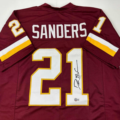 Framed Autographed/Signed Deion Sanders 35x39 Washington Burgundy Football Jersey Beckett BAS COA