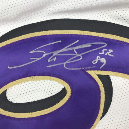 Framed Autographed/Signed Steve Smith Sr. 35x39 Baltimore White Football Jersey JSA COA