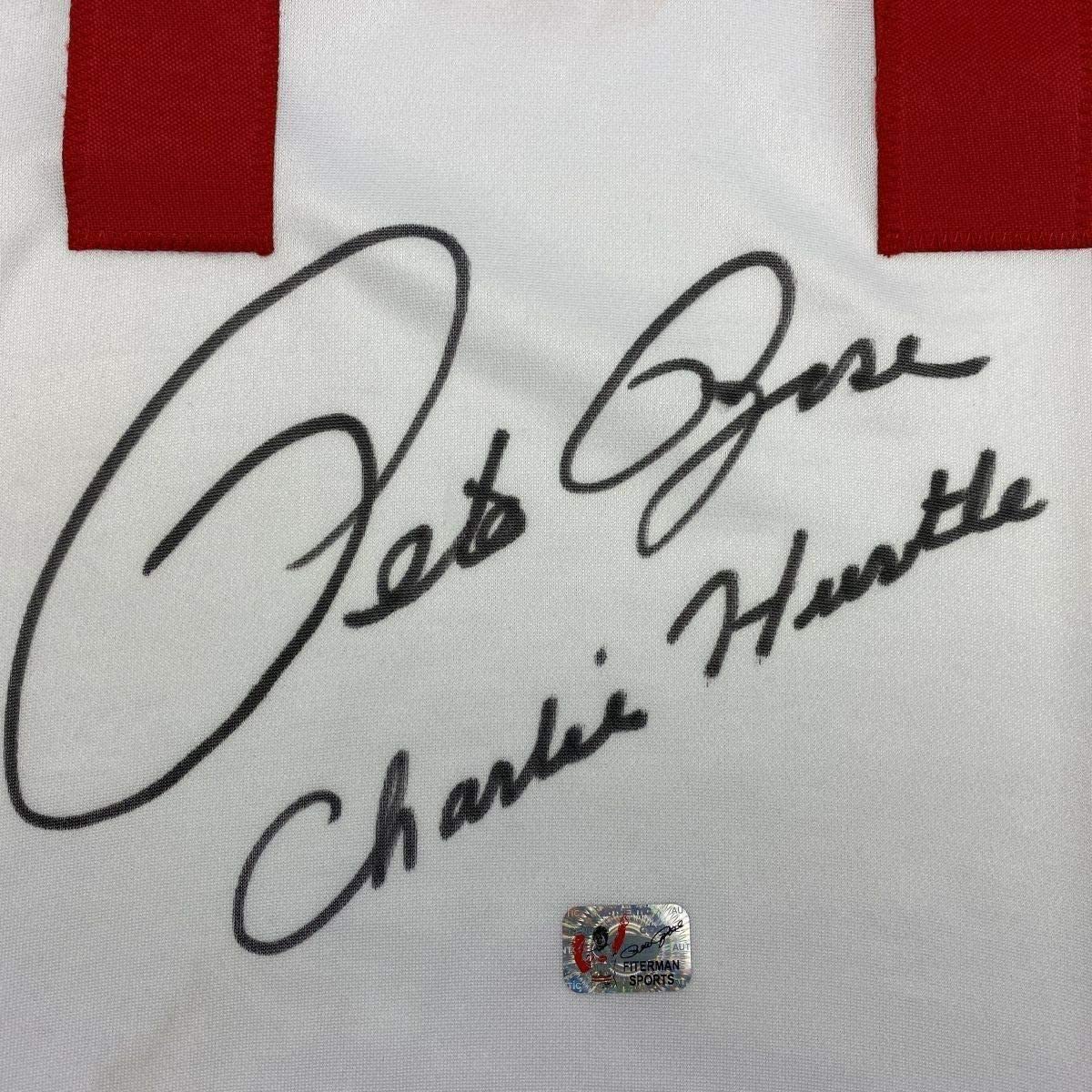 Framed Autographed/Signed Pete Rose Inscribed Charlie Hustle 35x39 Cincinnati White Baseball Jersey Athlete Hologram COA #1
