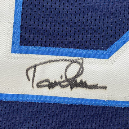 Framed Autographed/Signed Derrick Henry 35x39 Tennessee Dark Blue Football Jersey Beckett BAS COA