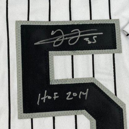 Framed Autographed/Signed Frank Thomas HOF 2014 35x39 Chicago Pinstripe Baseball Jersey JSA COA