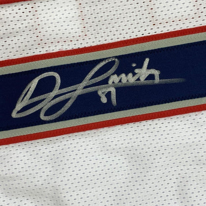 Framed Autographed/Signed Jonnu Smith 35x39 New England White Football Jersey Beckett BAS COA