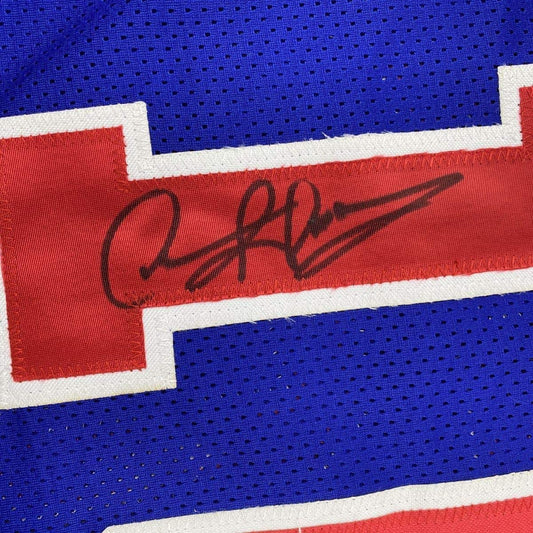 Framed Autographed/Signed Dennis Rodman 35x39 Detroit Blue Basketball Jersey PSA/DNA COA