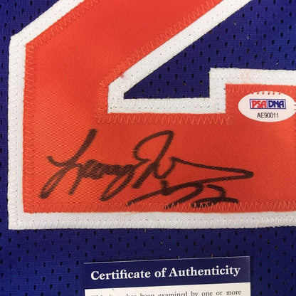 Framed Autographed/Signed Larry Johnson 35x39 New York Blue Basketball Jersey PSA/DNA COA
