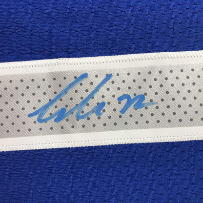 Framed Autographed/Signed Luka Doncic 35x39 Dallas Blue Basketball Jersey PSA/DNA COA
