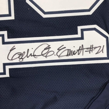 Framed Autographed/Signed Ezekiel Elliott 35x39 Dallas Dark Blue Football Jersey PSA/DNA COA