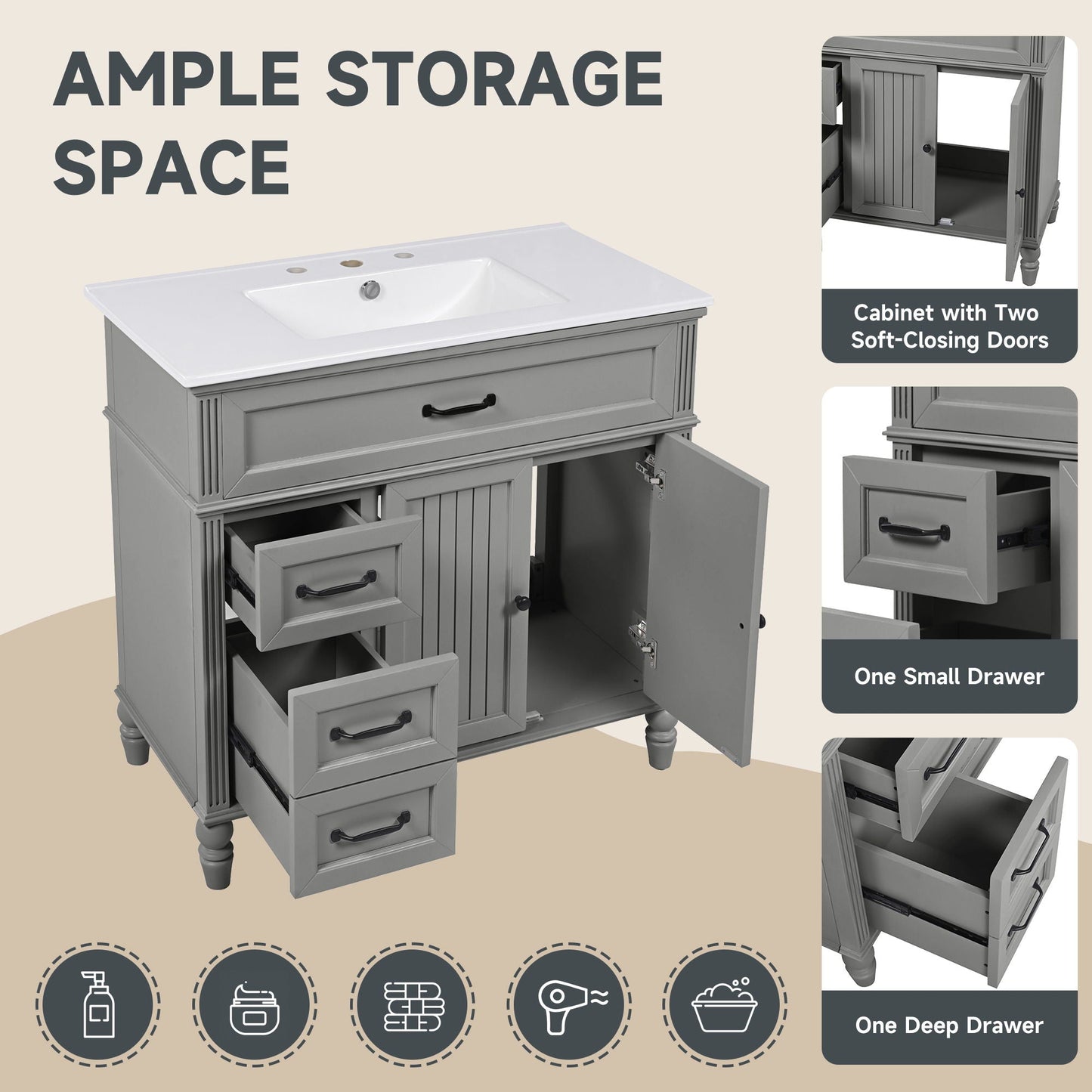 Bathroom Vanity With Sink, Freestanding Cabinet & Drawers