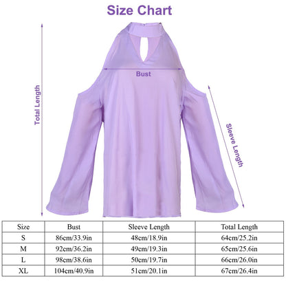 Women\'s Sexy Off The Shoulder Blouses Cold Shoulder Tops V-Neck Long Sleeve T-Shirt Solid Color Summer