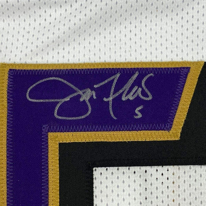 Framed Autographed/Signed Joe Flacco 35x39 Baltimore White Football Jersey JSA COA