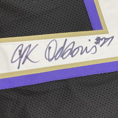 Framed Autographed/Signed JK J.K. Dobbins 35x39 Baltimore Black Football Jersey JSA COA