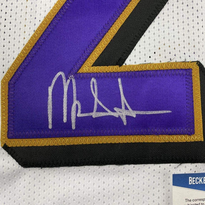 Framed Autographed/Signed Mark Ingram II 35x39 Baltimore White Football Jersey Beckett BAS COA