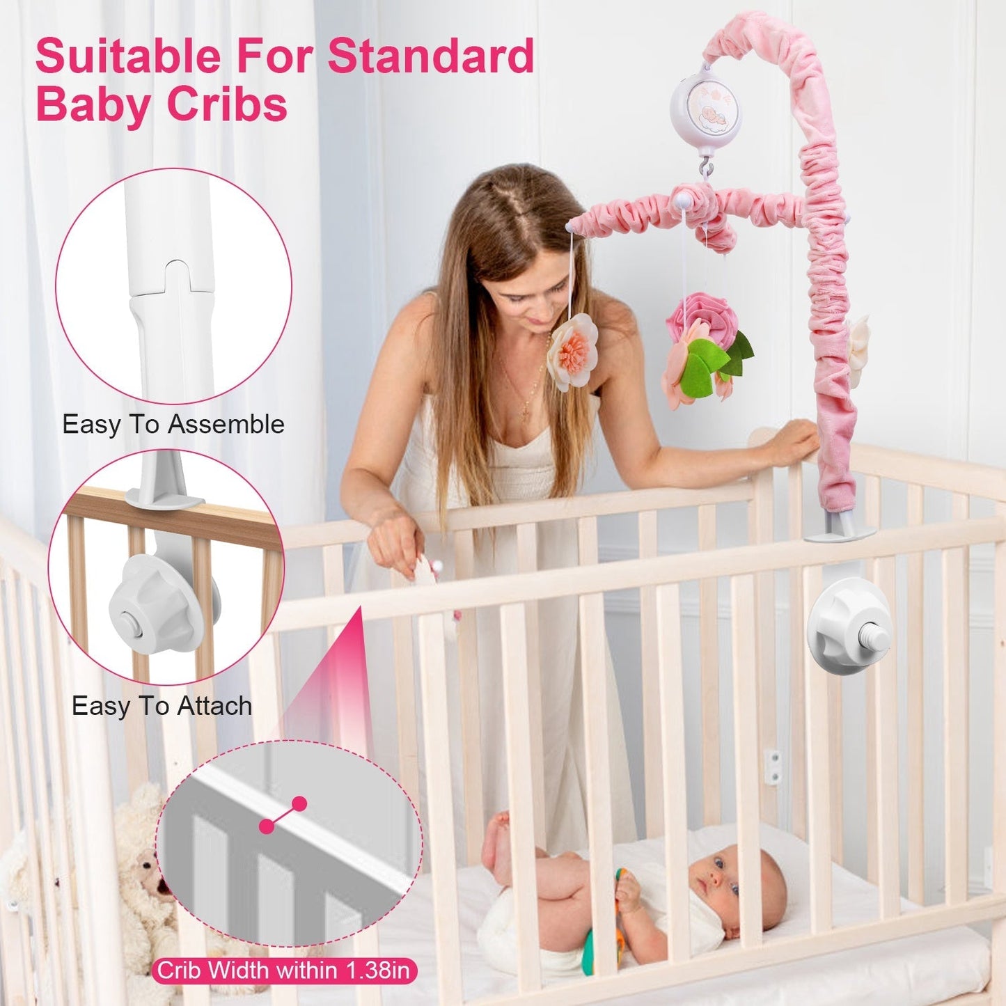 Musical Crib Mobile for Girls Baby Musical Crib Bed Bell Nursery Mobile with 12 Melodies 5 Flower Rattles 3 Modes Volume Adjustment Newborn Gift
