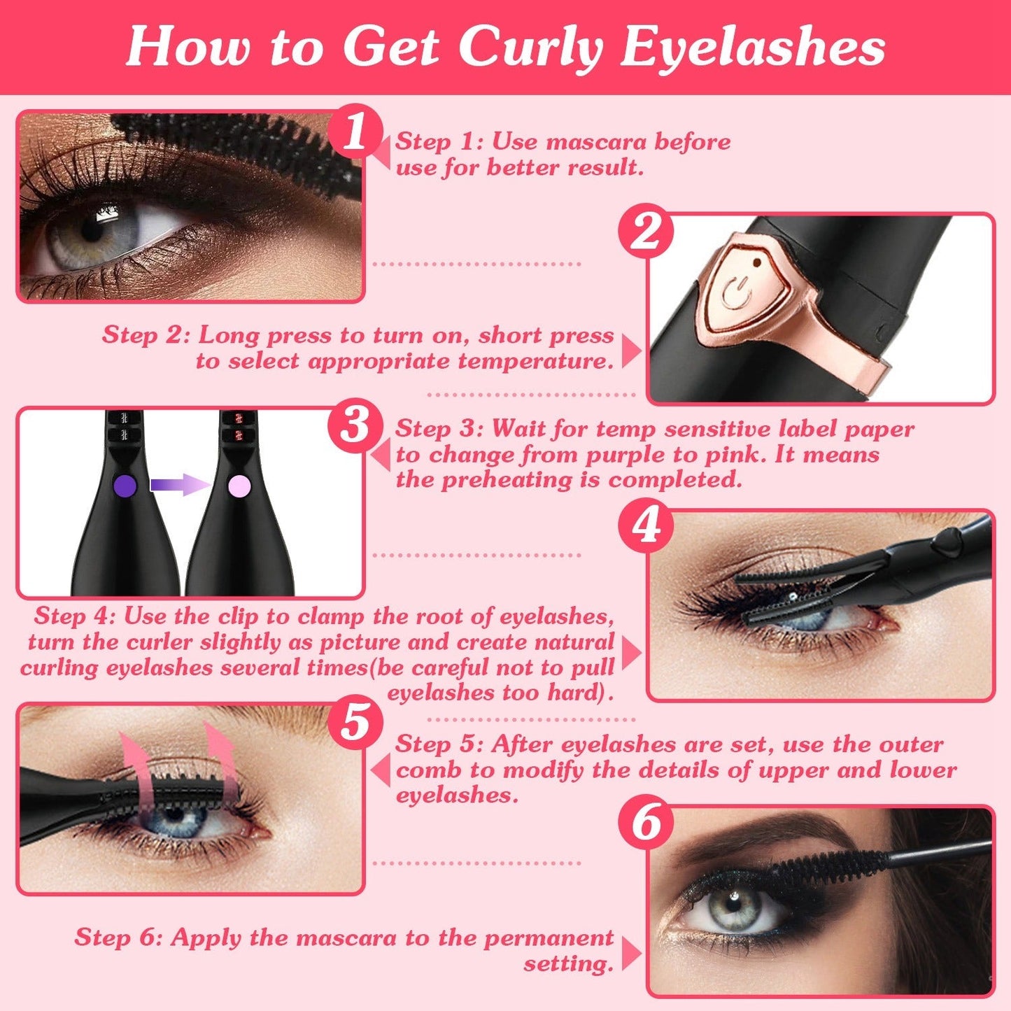 2 In 1 Clip Comb Heated Eyelash Curler Electric Mini Lash Curler Natural Eye Lash Makeup Tool with 3 Temp Settings 10Mins Shutdown