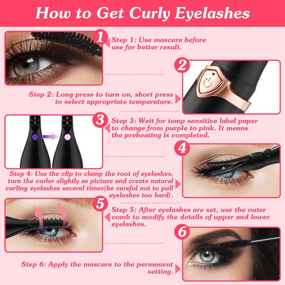 2 In 1 Clip Comb Heated Eyelash Curler Electric Mini Lash Curler Natural Eye Lash Makeup Tool with 3 Temp Settings 10Mins Shutdown