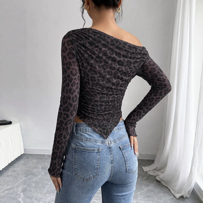 New Retro Leopard-print Off-shoulder Long-sleeve Top With A Fitted Waist