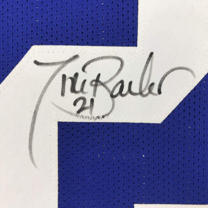 Framed Autographed/Signed Tiki Barber 35x39 New York Blue Football Jersey JSA COA