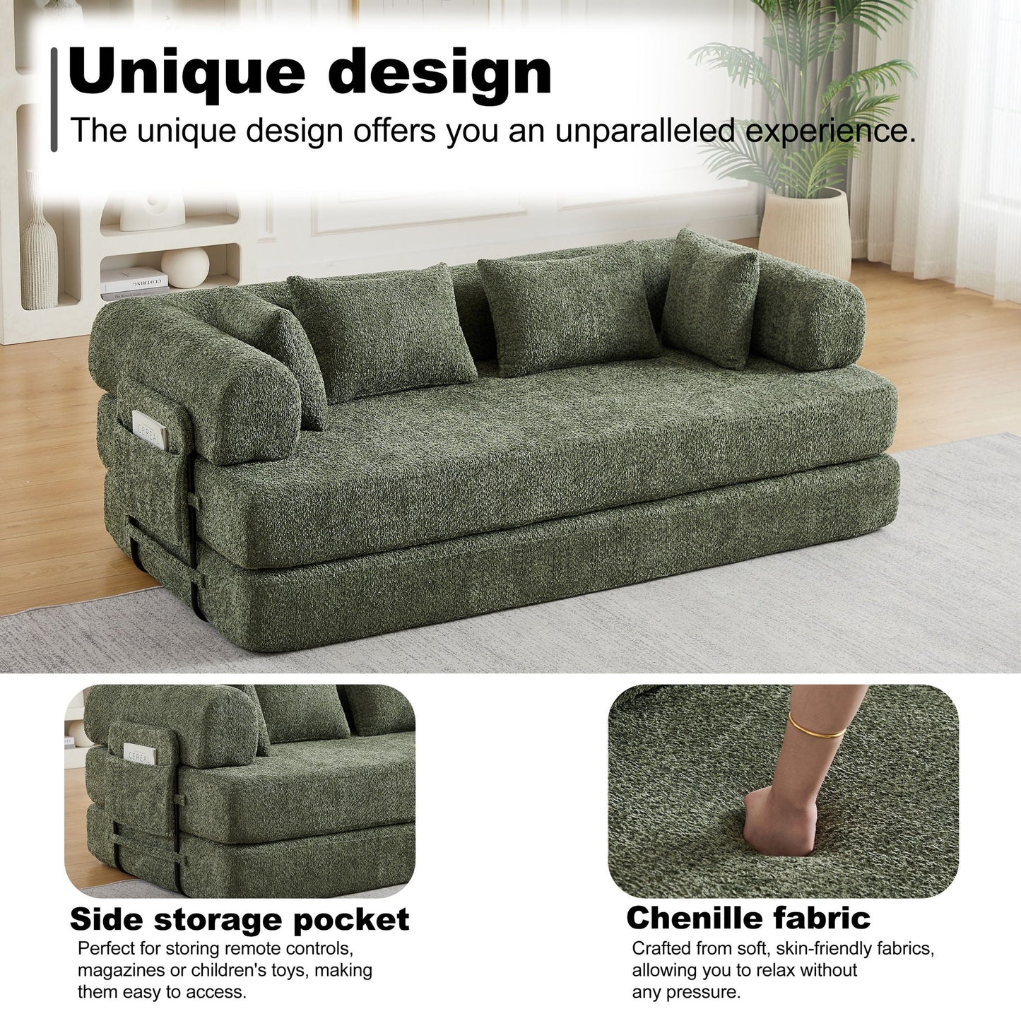Convertible Sleeper Sofa Bed With Cylindrical Pillow