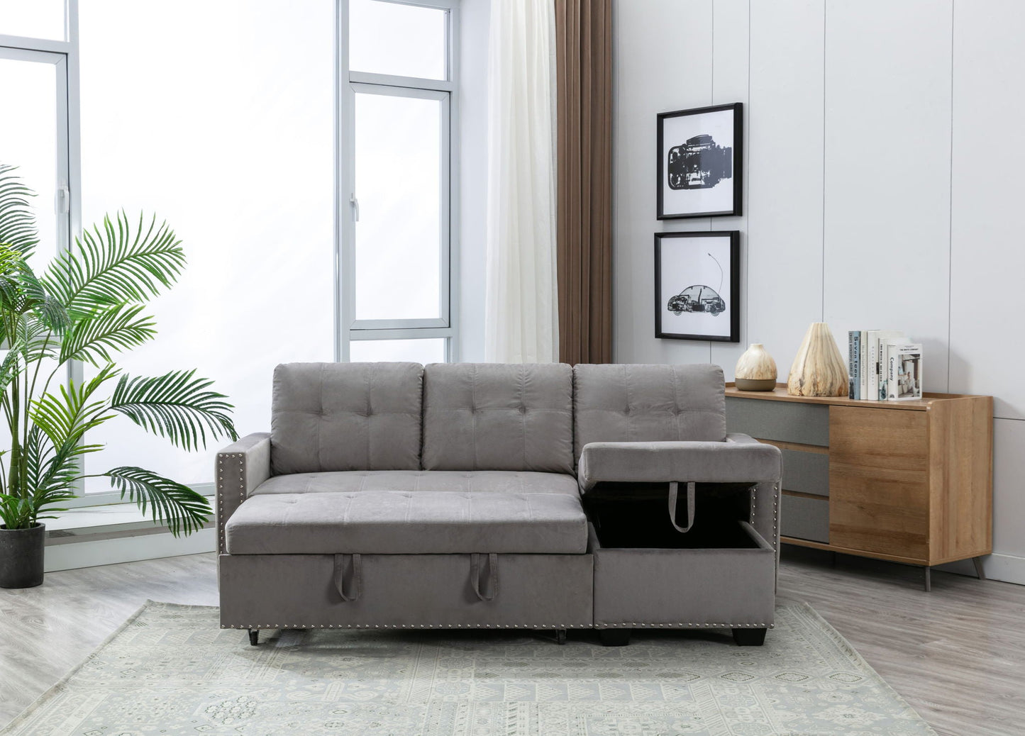 Reversible Sectional Storage Sleeper Sofa Bed, L-Shape 2 Seat Sectional Chaise With Storage, Skin-Feeling Fabric