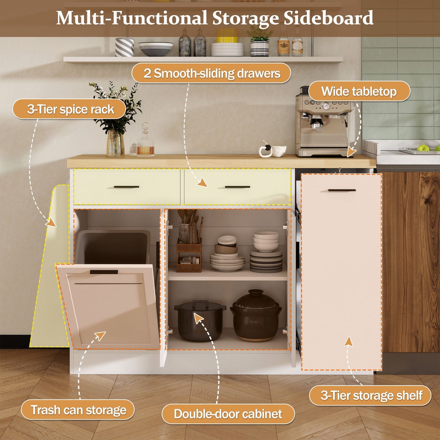 Kitchen Sideboard With Sliding Door Cabinet, 3 Tier Spice Rack