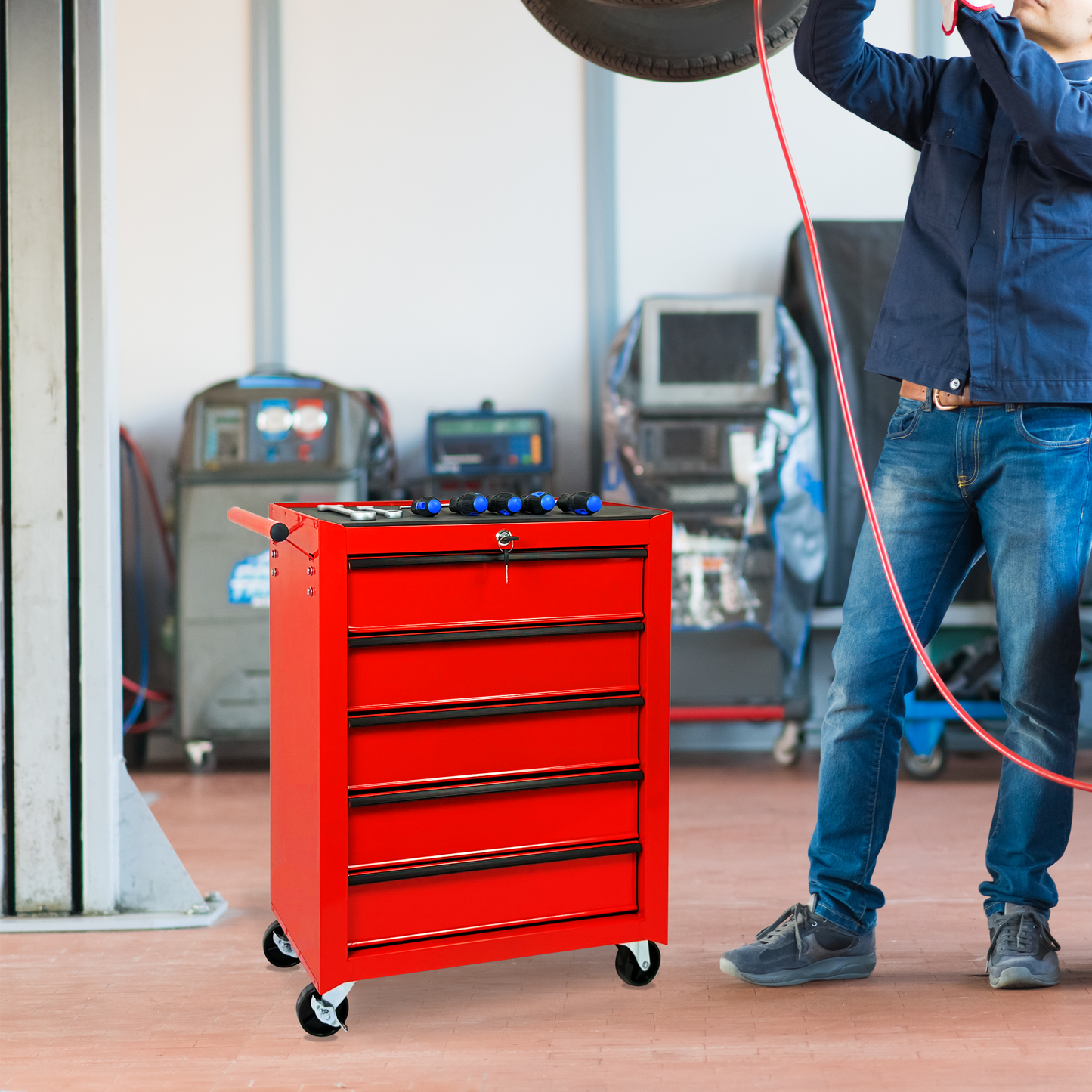 Rolling Metal Tool Chest with 5 Drawers, 20" Steel Cabinet - Red