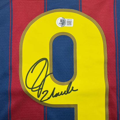 Framed Autographed/Signed Zlatan Ibrahimovic 35x39 FC Barcelona Soccer Jersey Beckett BAS COA