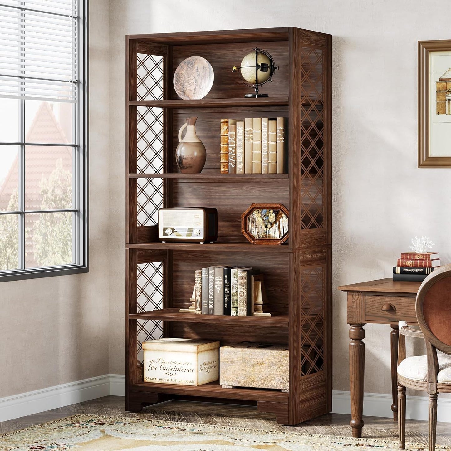 6 Tier Brown Mid Century Bookcase With X Design For Living Room - Brown