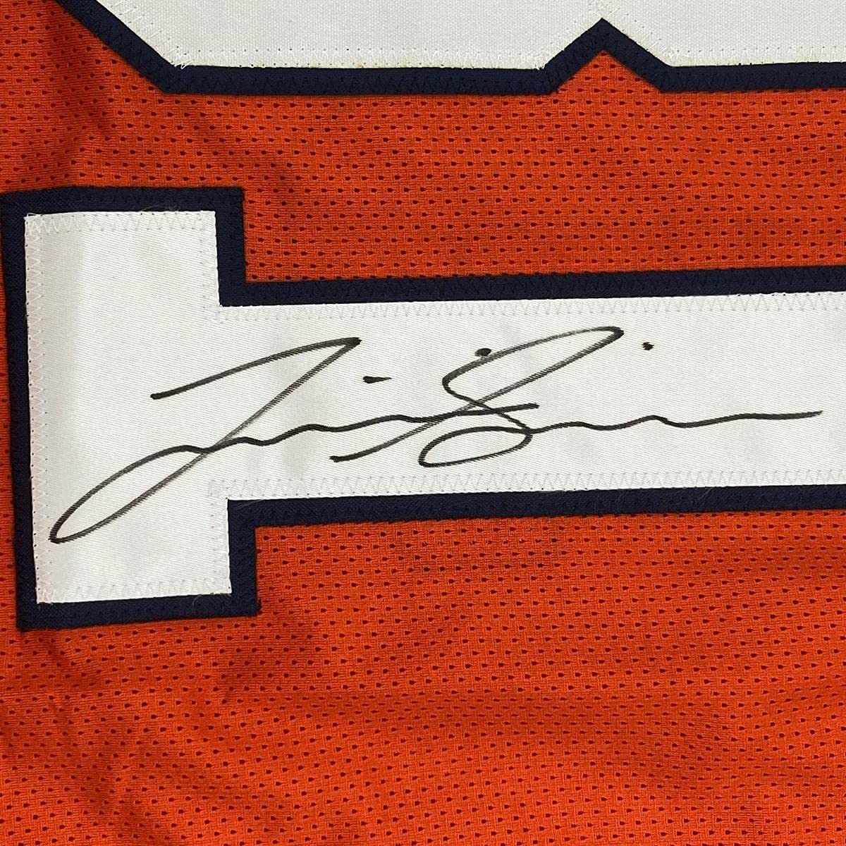 Framed Autographed/Signed Justin Simmons 35x39 Denver Retro Orange Football Jersey PSA/DNA COA