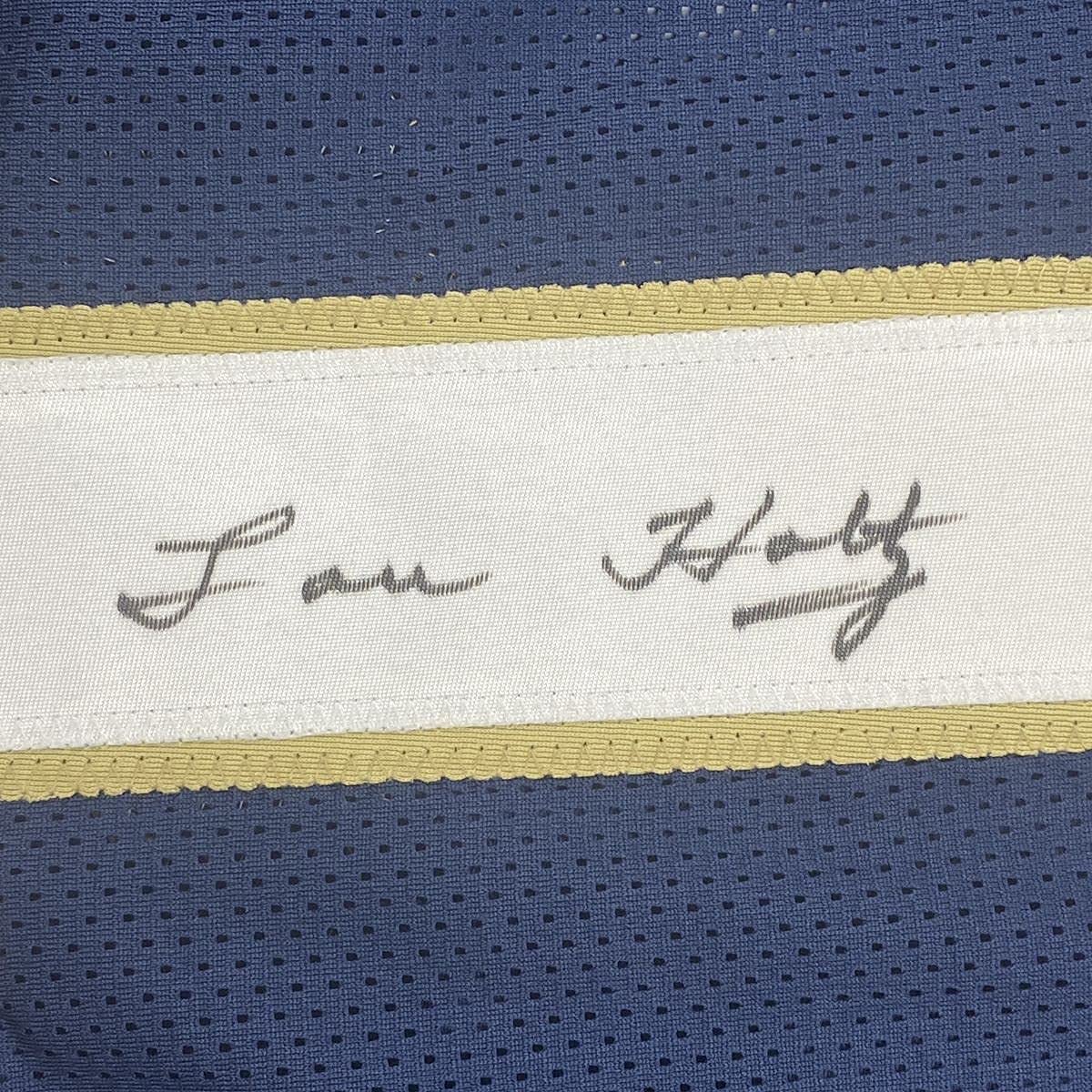 Framed Autographed/Signed Lou Holtz 35x39 Notre Dame Blue College Football Jersey JSA COA