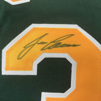 Framed Autographed/Signed Jose Canseco 35x39 Oakland Dark Green Baseball Jersey JSA COA