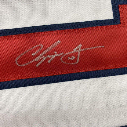 Framed Autographed/Signed Chipper Jones 35x39 Atlanta White Baseball Jersey JSA COA