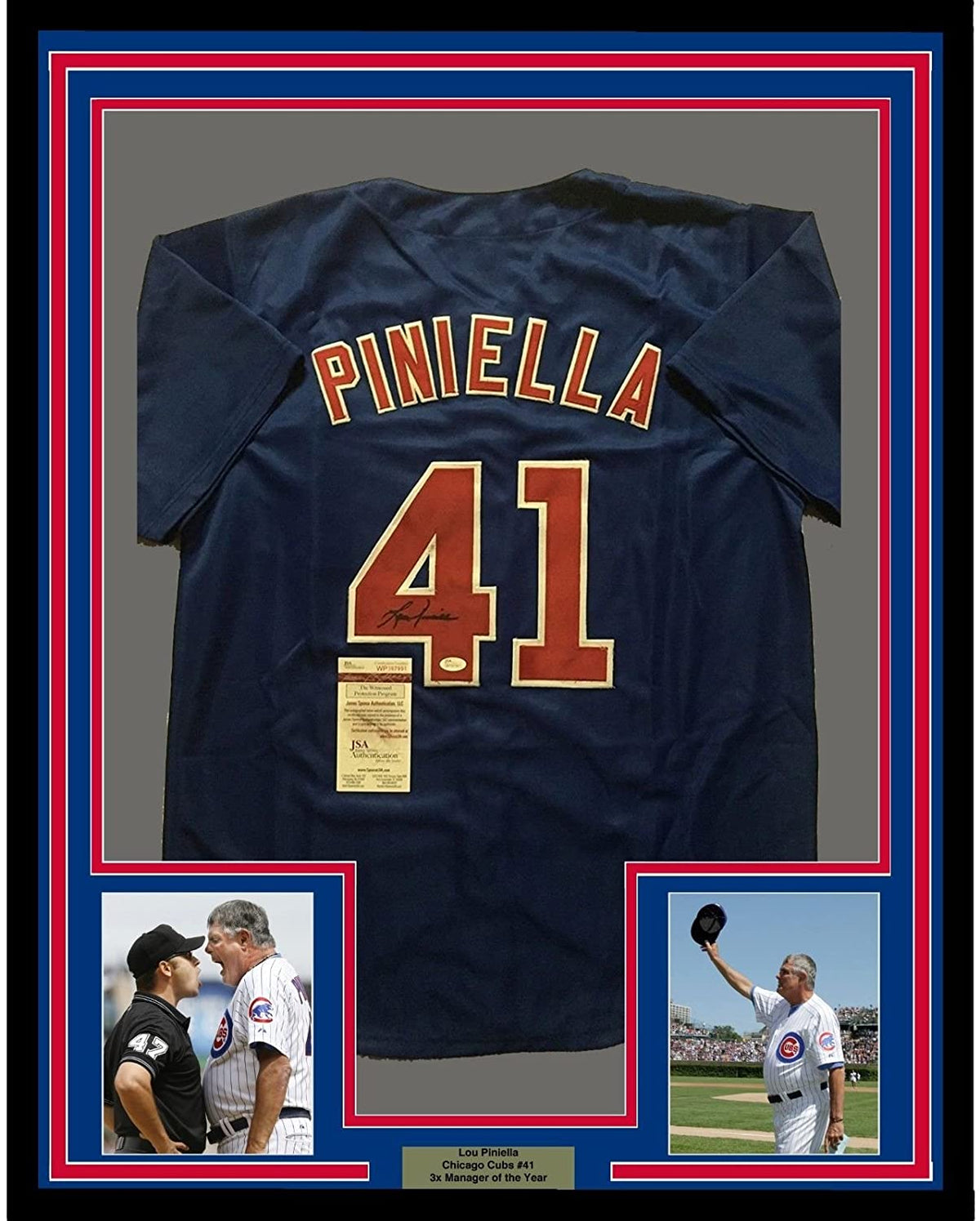 Framed Autographed/Signed Lou Piniella 35x39 Chicago Blue Baseball Jersey JSA COA