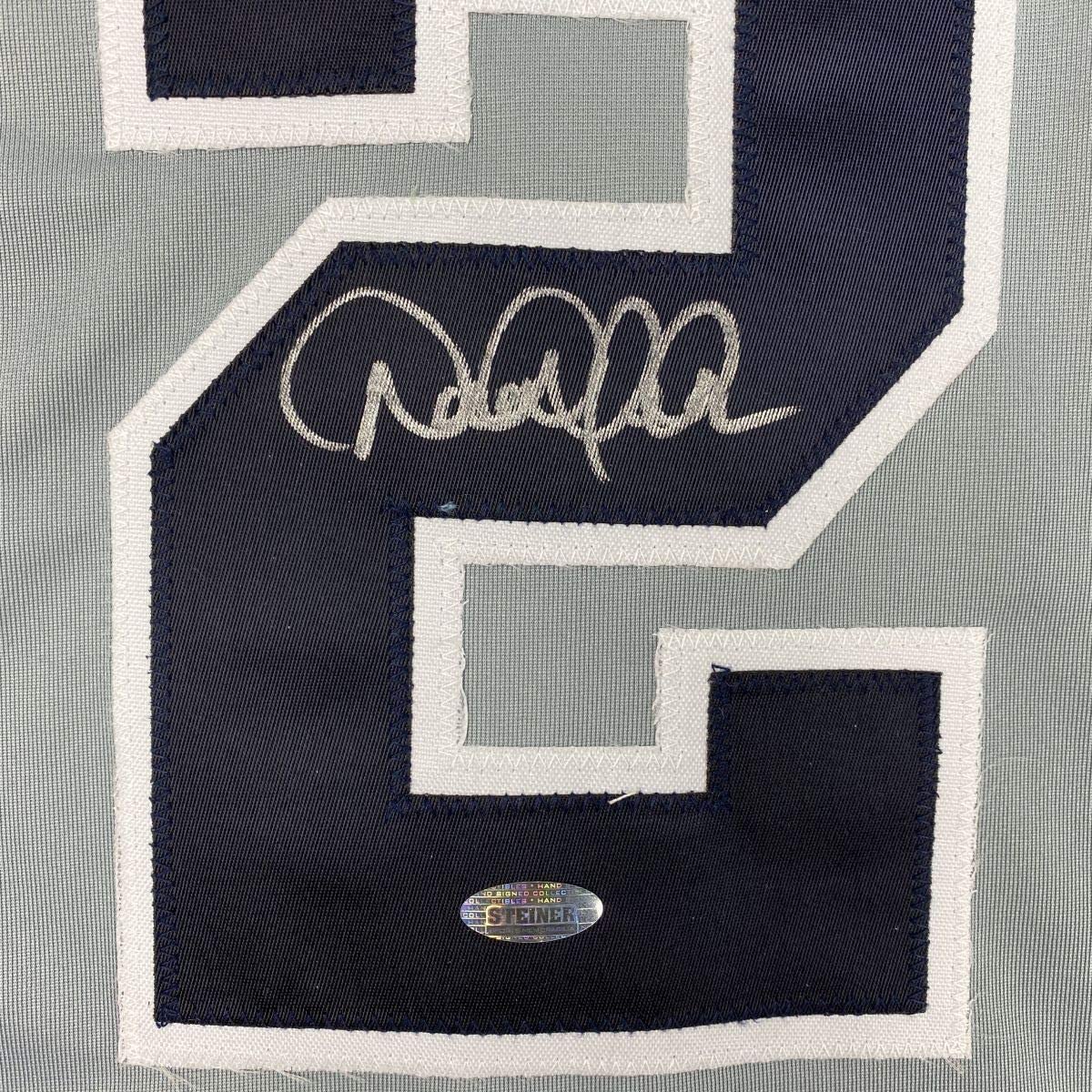 Framed Autographed/Signed Derek Jeter 35x39 New York Grey Baseball Jersey Steiner Sports COA Hologram Only