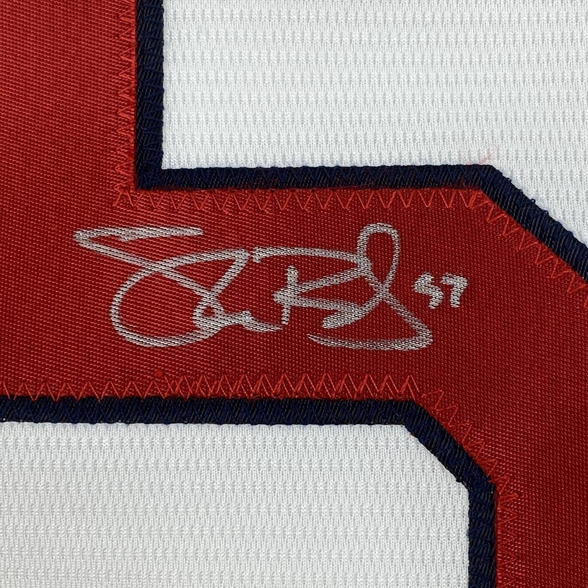 Framed Autographed/Signed Shane Bieber 35x39 Cleveland Indians White Majestic Baseball Jersey JSA COA