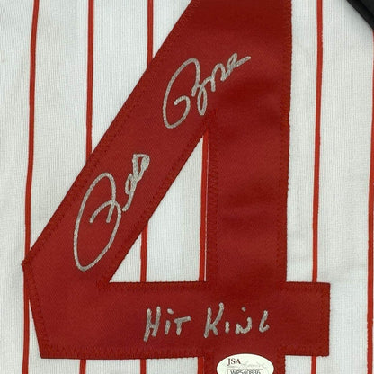 Framed Autographed/Signed Pete Rose Hit King 35x39 Cincinnati Pinstripe Baseball Jersey JSA COA