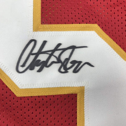 Framed Autographed/Signed Christian Okoye 35x39 Nigerian Nightmare Kansas City Red Football Jersey PSA/DNA COA