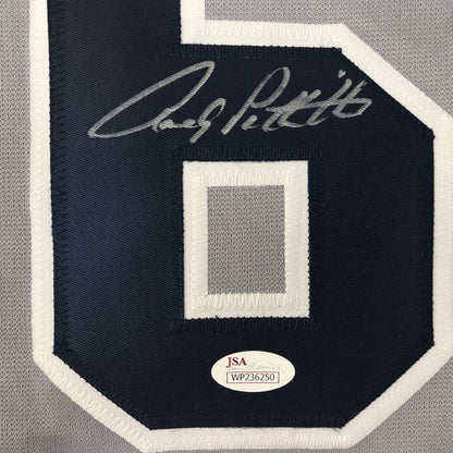 Framed Autographed/Signed Andy Pettitte 35x39 New York Grey Baseball Jersey JSA COA Holo Only